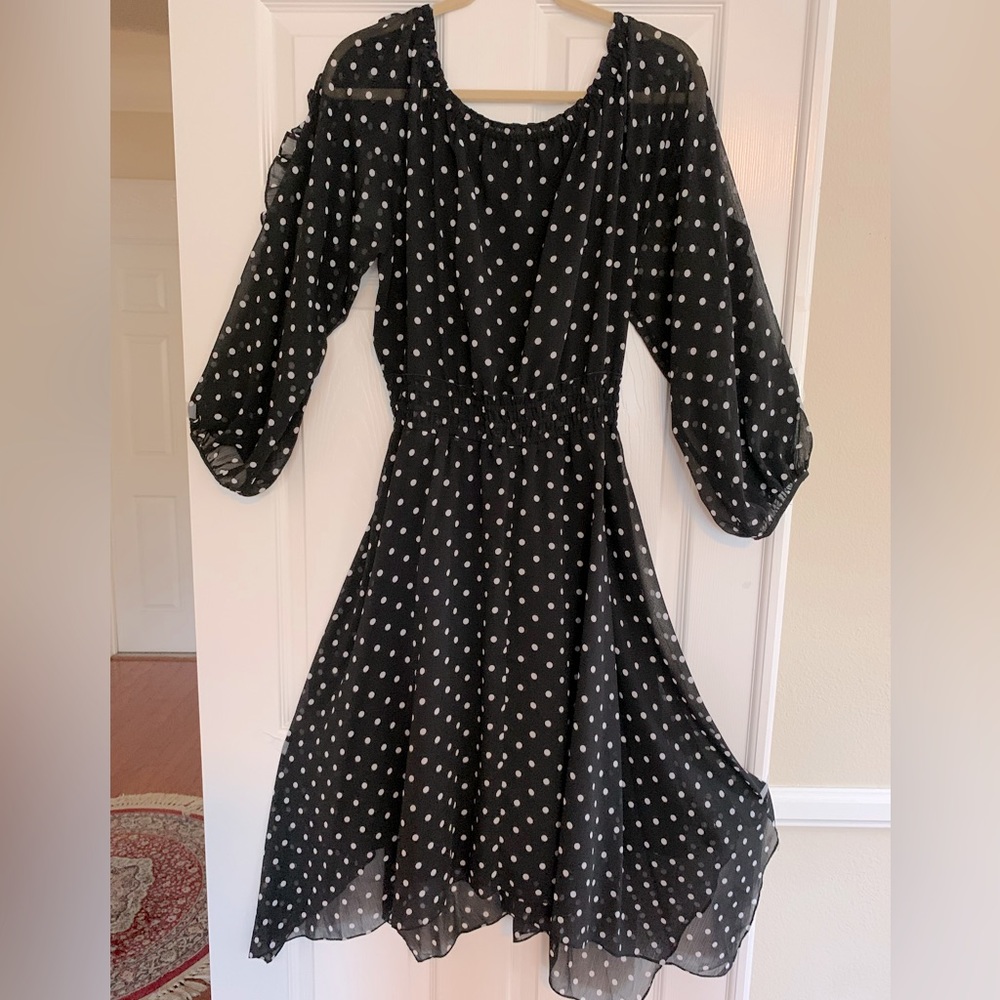 Ralph Lauren Midi Dress Black w/White Polka Dots Ruffles Peepholes on Sleeves 12
